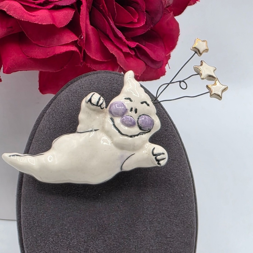 Heather Goldmine Ceramic Ghost Brooch Whimsical Cute Stars Halloween Accessory